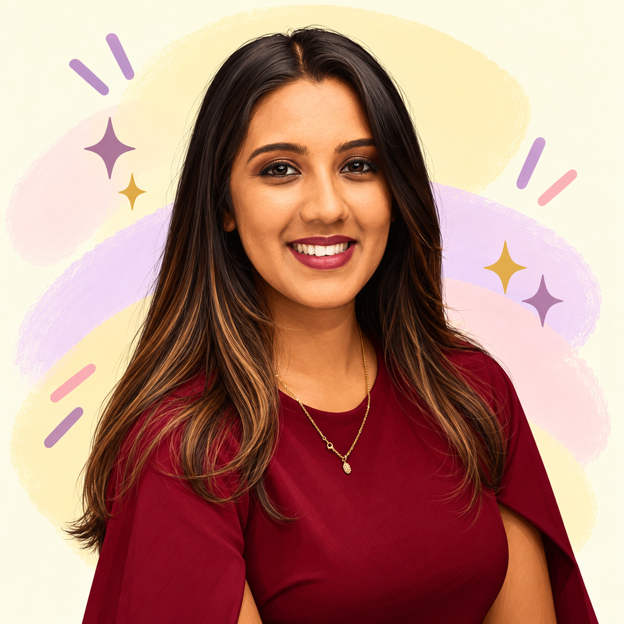Cartoon portrait of Aditi Durga in professional burgundy attire