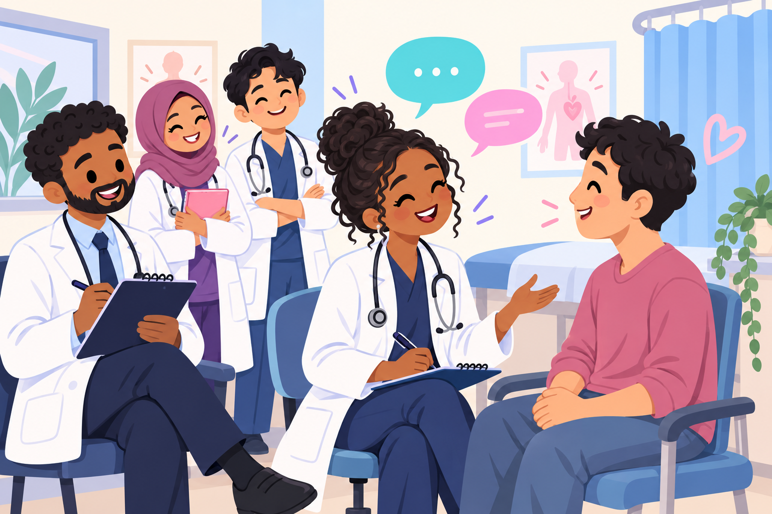 Cartoon of a PACES candidate consulting with a patient while an examiner and fellow candidates observe