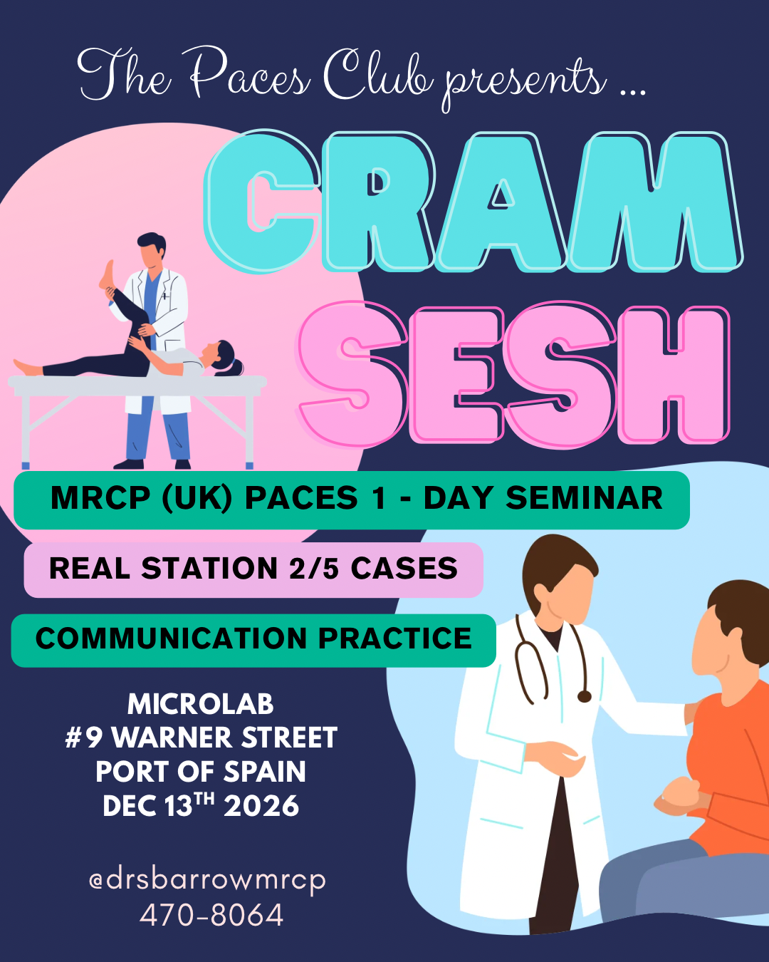 CRAM Sesh event poster for the one-day MRCP UK PACES seminar on 13 December 2026 at Microlab in Port of Spain