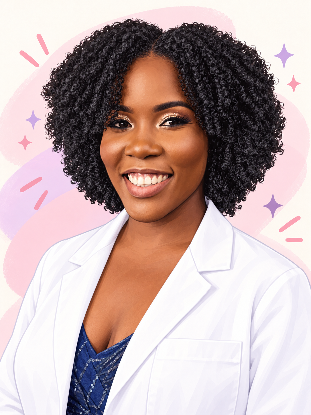 Cartoon portrait of Dr. Erissa Cuffie in a white medical coat and blue professional top