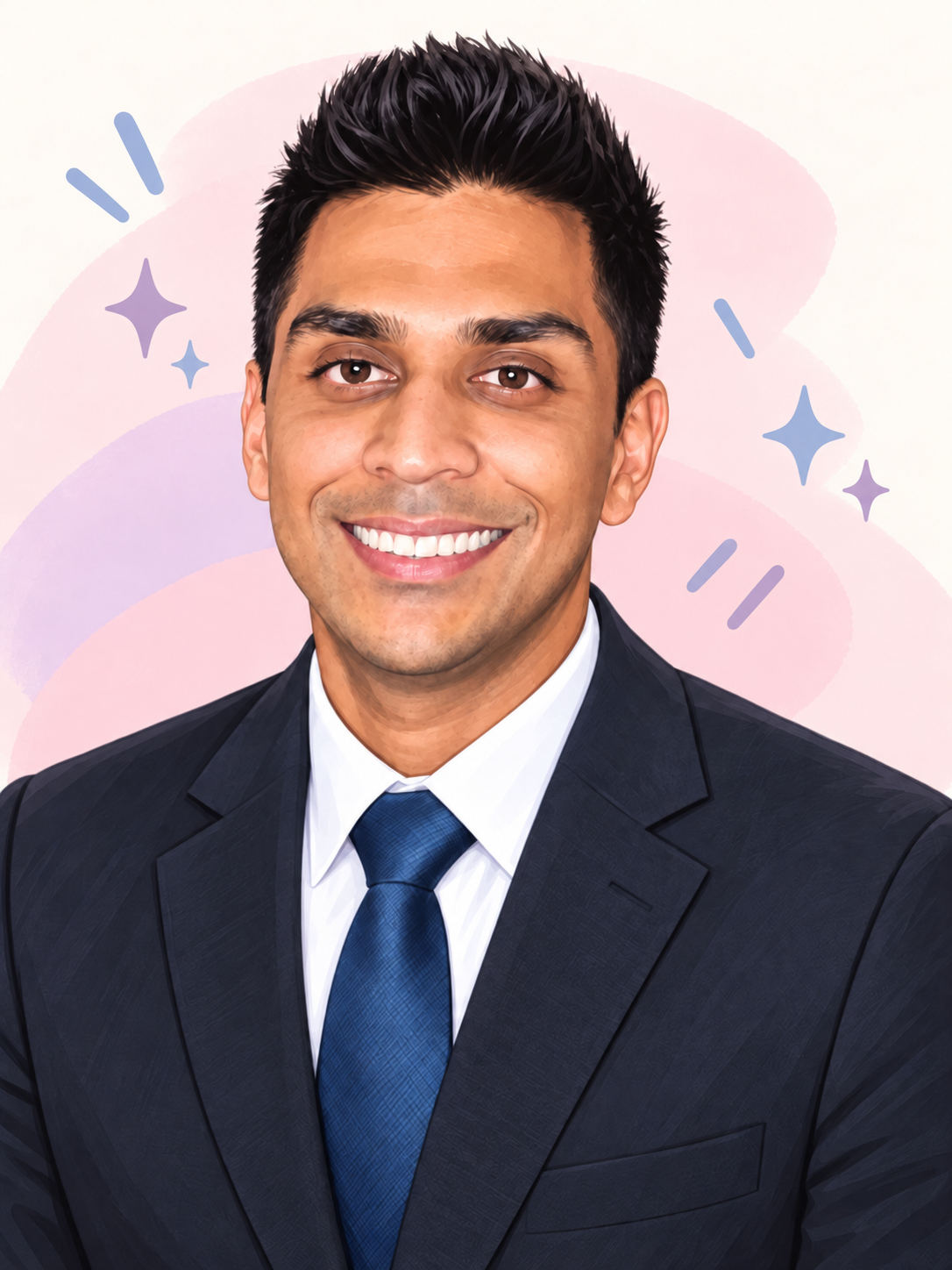 Cartoon portrait of Dr. Giovanni Maharaj in a suit and blue tie