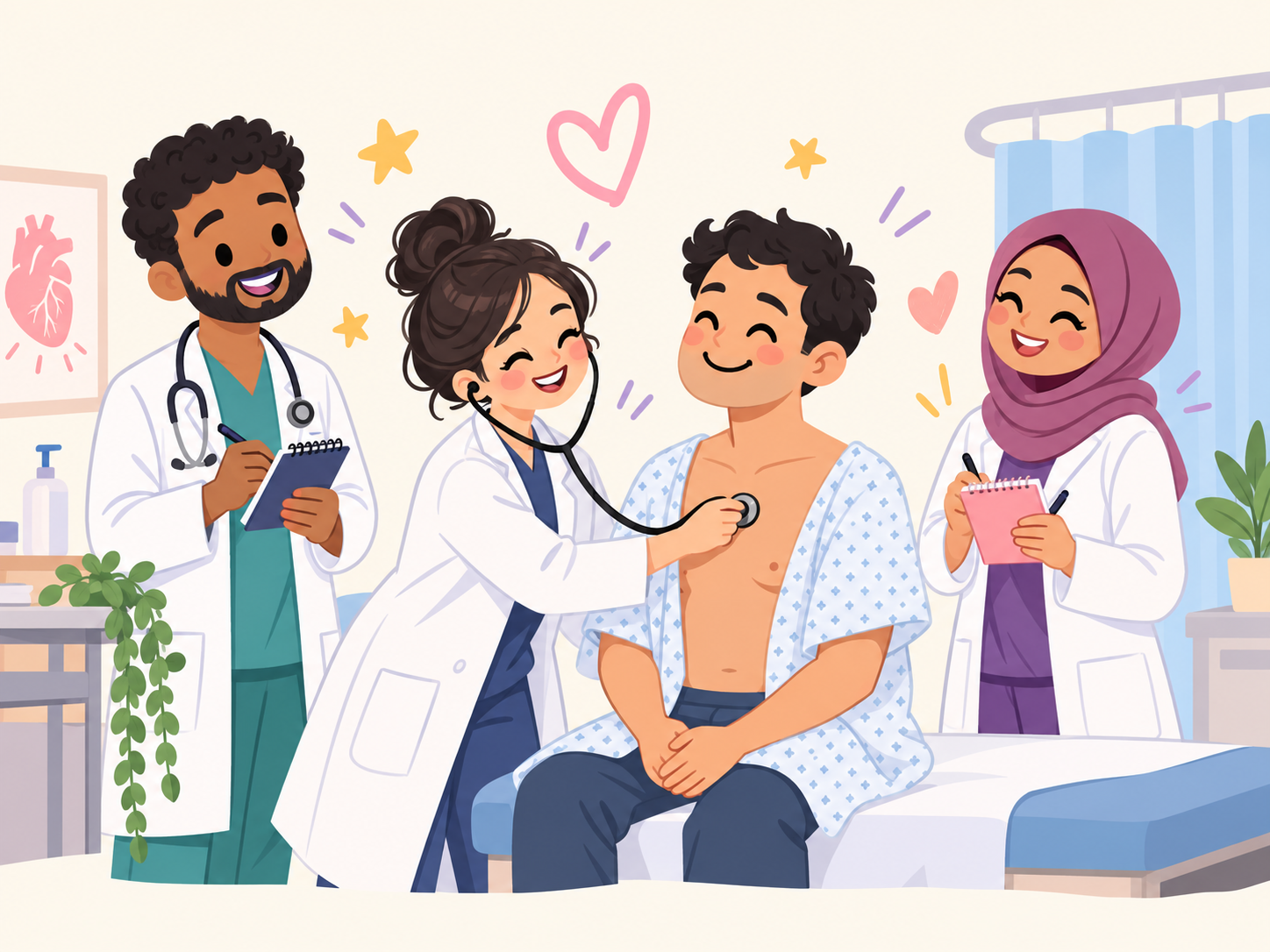 A cute cartoon group of doctors learning together during a supportive bedside examination session