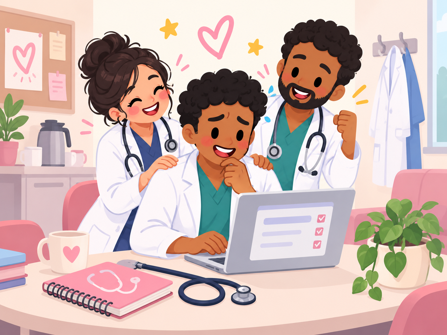 Three junior doctors encouraging each other while completing The PACES Club sign-up form